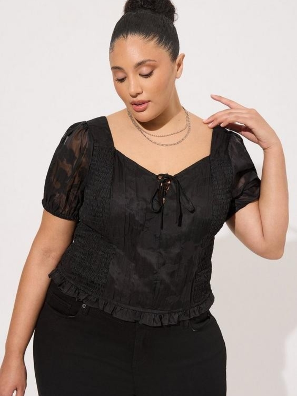 Torrid Black Puff Sleeve Floral Lace Up Ruffle Crop Top Smocked Back Blouse 6X